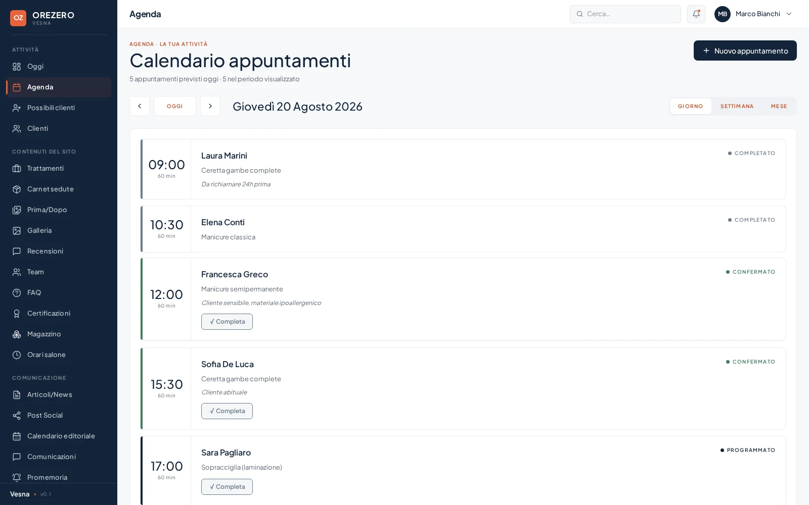 L'appuntamento confermato in agenda, col promemoria gia' programmato