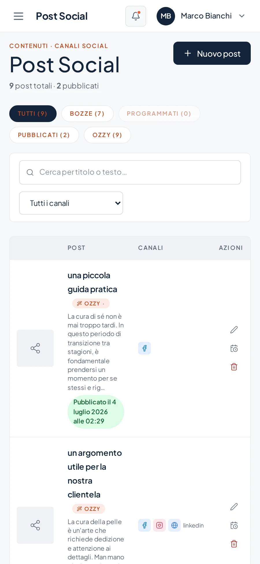 Il post pronto dentro Vesna, con i canali su cui uscira'
